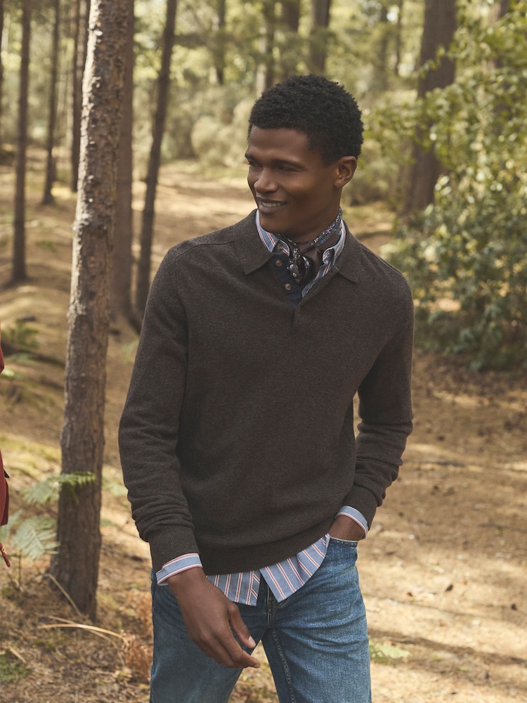 Joules Sampson Lambswool Brown Long Sleeve Knitted Polo Shirt - Image 2 of 5 Joules Sampson Lambswool Brown Long Sleeve Knitted Polo Shirt - Image 2 of 5