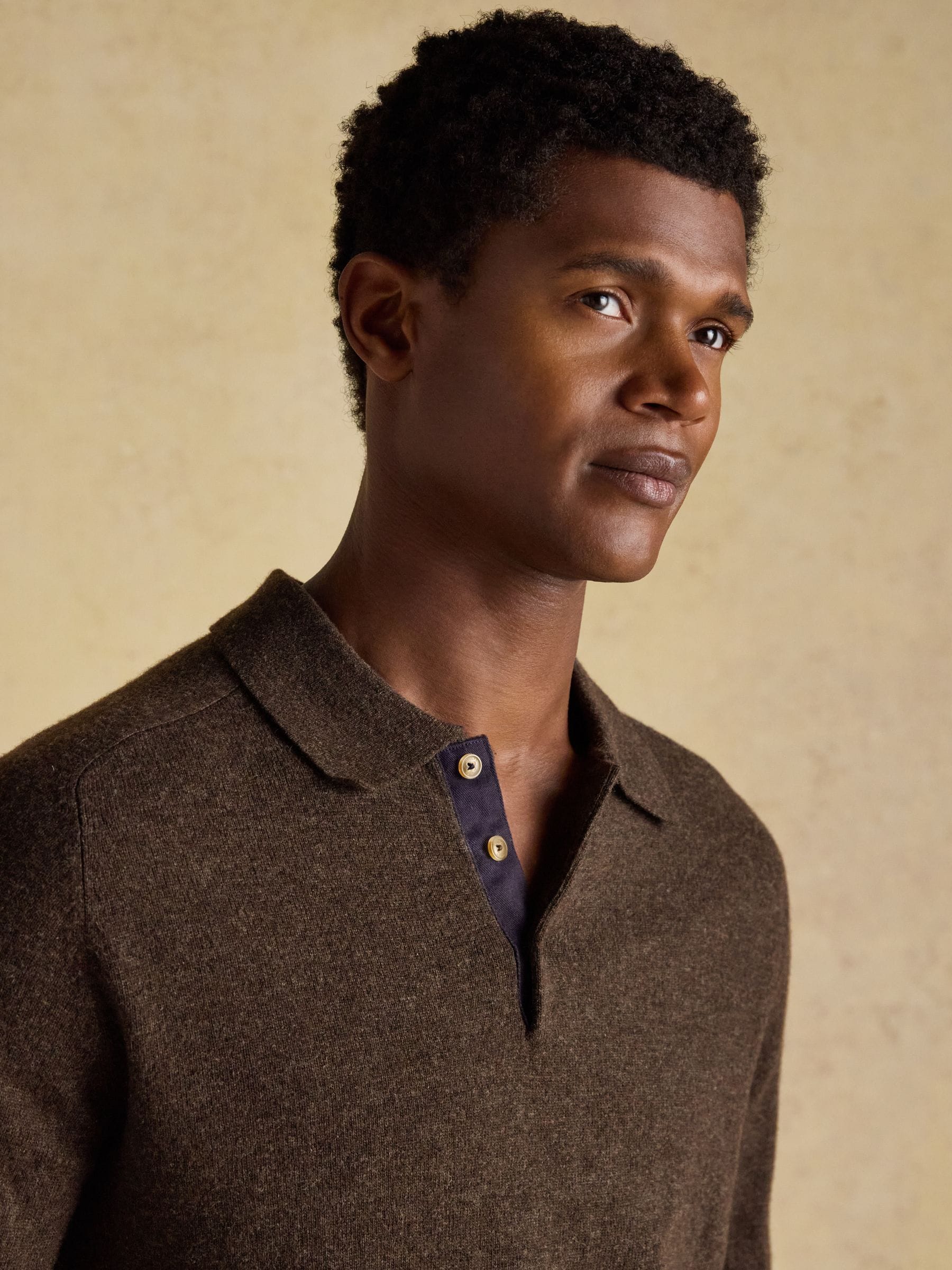 Buy Joules Sampson Wool-Rich Brown Long Sleeve Knitted Polo Shirt
