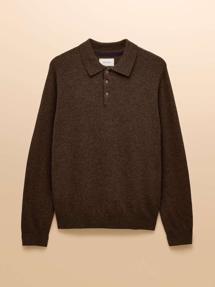 Joules Sampson Lambswool Brown Long Sleeve Knitted Polo Shirt - Image 5 of 5