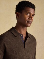 Joules Sampson Lambswool Brown Long Sleeve Knitted Polo Shirt - Image 6 of 8