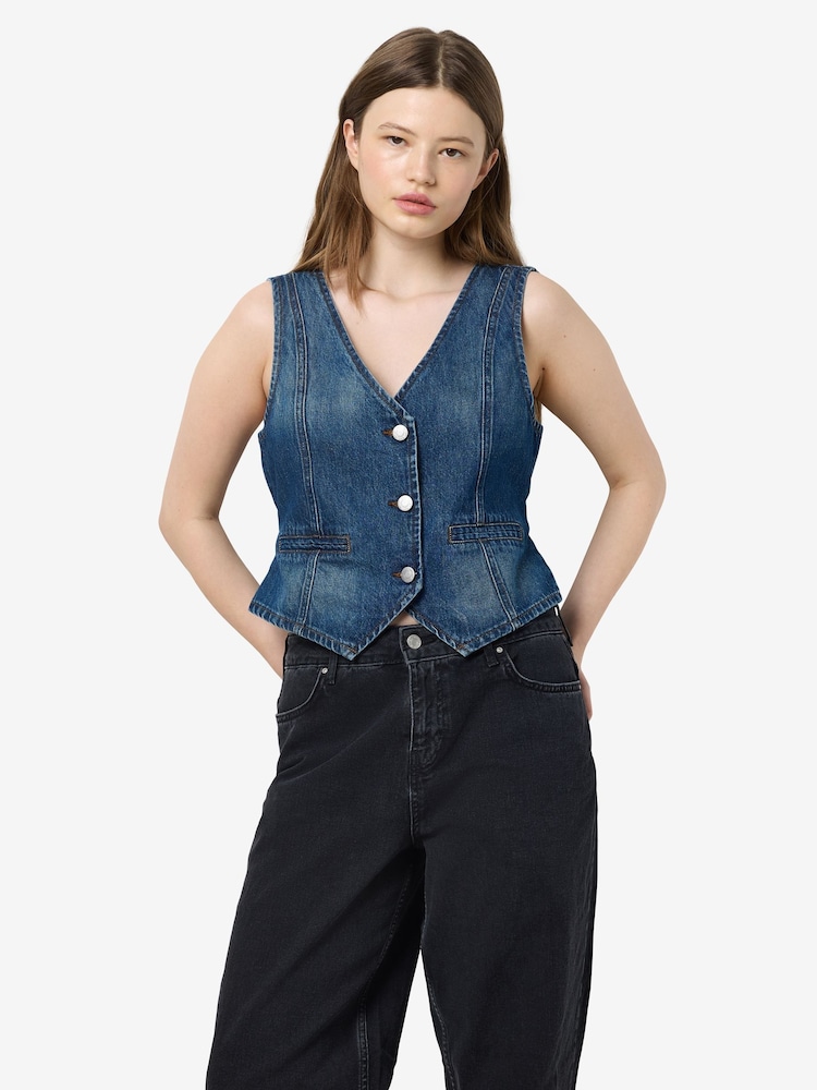NOISY MAY Blue 100% Cotton Denim Waistcoat With Button Close - Image 3 of 7