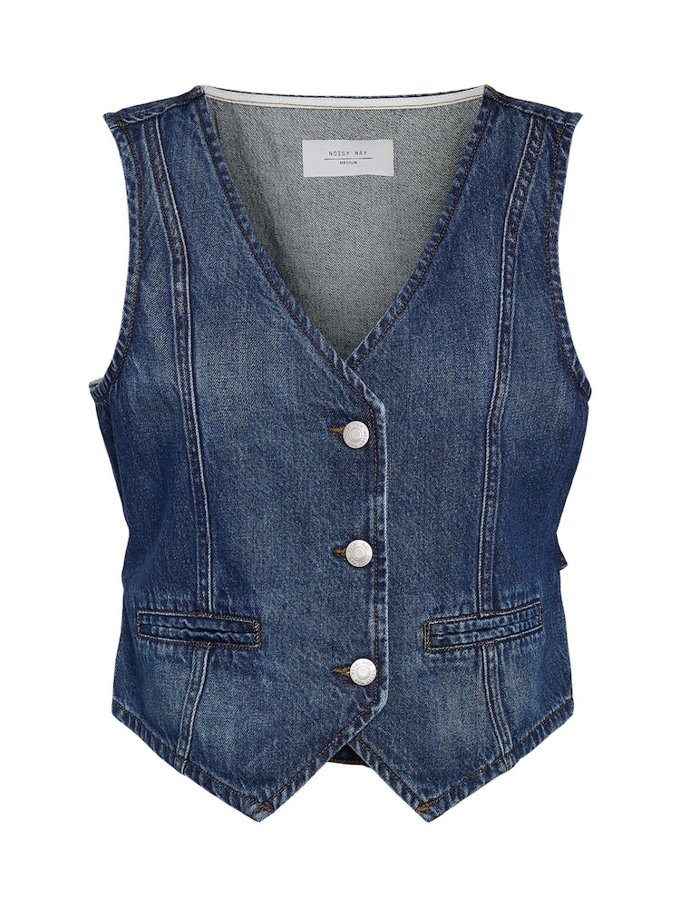 NOISY MAY Blue 100% Cotton Denim Waistcoat With Button Close - Image 6 of 7