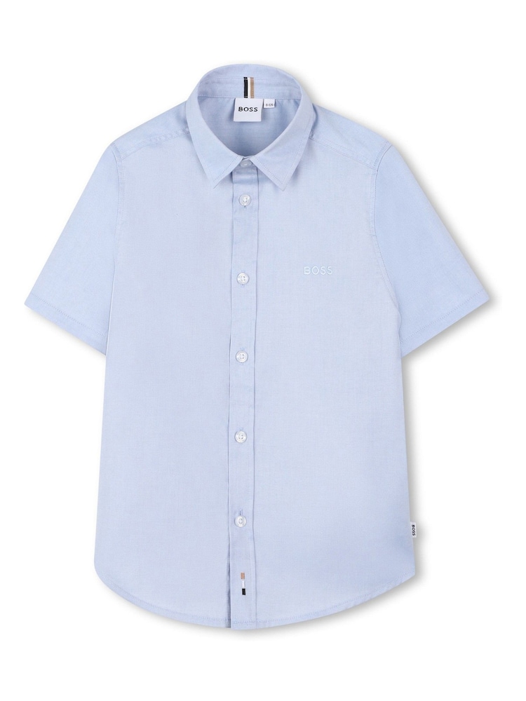 BOSS Blue Short Sleeve Logo Occasion 100% Cotton Shirt - Image 1 of 5 BOSS Blue Short Sleeve Logo Occasion 100% Cotton Shirt - Image 1 of 5