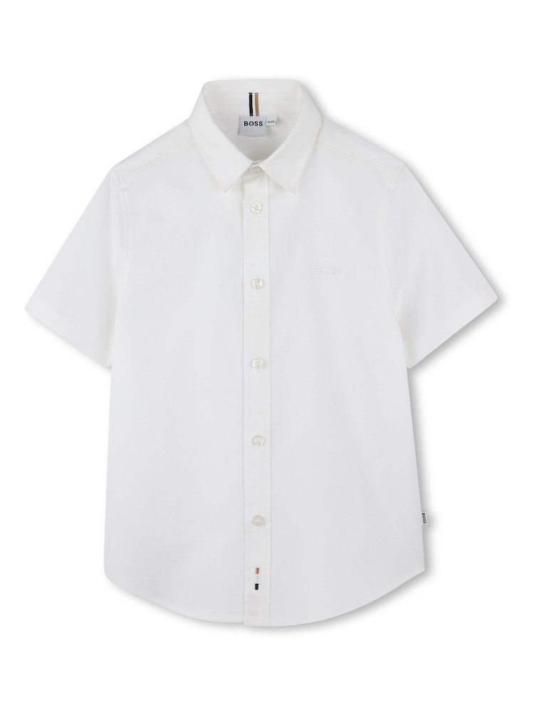 BOSS White Short Sleeve Logo Occasion 100% Cotton Shirt - Image 1 of 5 BOSS White Short Sleeve Logo Occasion 100% Cotton Shirt - Image 1 of 5