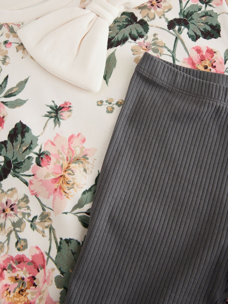 Laura Ashley Cream/Pink/Green Romilly Floral Sweatshirt and Ribbed Leggings Set - Image 8 of 10