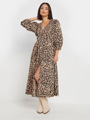 PixieGirl Petite Natural Animal Leopard Print Long Sleeve Button Front Midi Dress - Image 1 of 5