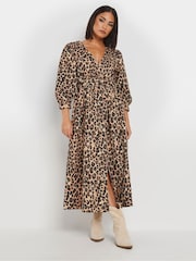 PixieGirl Petite Natural Animal Leopard Print Long Sleeve Button Front Midi Dress - Image 2 of 5