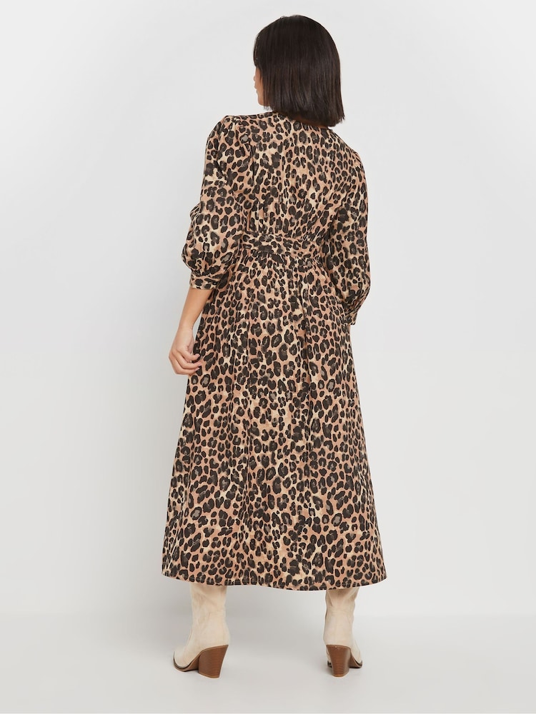 PixieGirl Petite Natural Animal Leopard Print Long Sleeve Button Front Midi Dress - Image 3 of 5