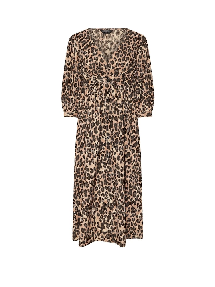 PixieGirl Petite Natural Animal Leopard Print Long Sleeve Button Front Midi Dress - Image 5 of 5