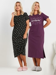 Yours Curve Purple Look To The Stars Midaxi 100% Cotton Nighties 2 Pack - Image 1 of 8