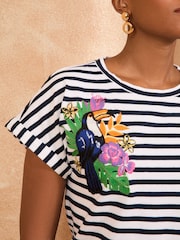 Love & Roses Ivory Stripe Tropical Embroidered Crew Neck Jersey T-Shirt - Image 2 of 4