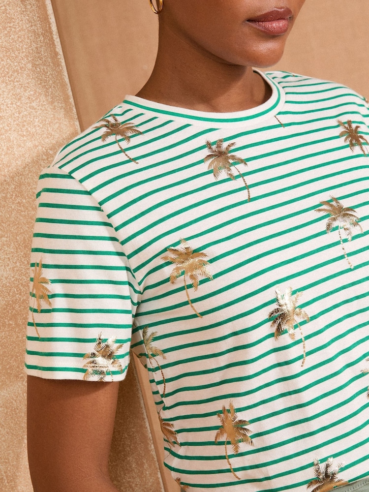 Love & Roses Green Stripe Palm Foil Print Crew Neck T-Shirt - Image 2 of 4 Love & Roses Green Stripe Palm Foil Print Crew Neck T-Shirt - Image 2 of 4