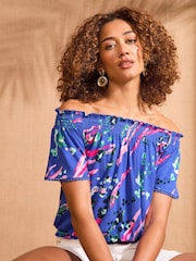 Love & Roses Blue Abstract Print Bardot Jersey Top - Image 1 of 4