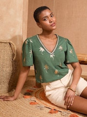 Love & Roses Khaki Foil Print 100% Cotton Embellished V-Neck T-Shirt - Image 1 of 4