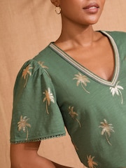 Love & Roses Khaki Foil Print 100% Cotton Embellished V-Neck T-Shirt - Image 2 of 4