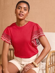 Love & Roses Red Lace Flutter Sleeve Jersey T-Shirt - Image 1 of 4