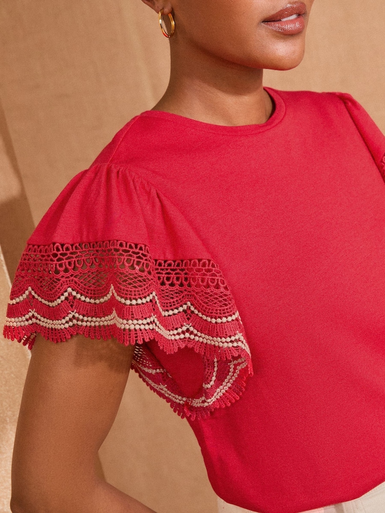 Love & Roses Red Lace Flutter Sleeve Jersey T-Shirt - Image 2 of 4