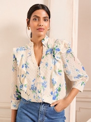 White/Ecru Floral - Love & Roses Dobby 3/4 Sleeve Blouse - Image 1 of 4