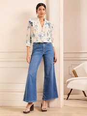 White/Ecru Floral - Love & Roses Dobby 3/4 Sleeve Blouse - Image 3 of 4