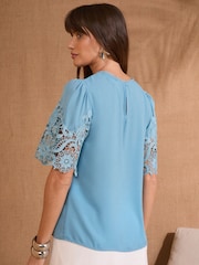 Love & Roses Blue Petite Crew Neck Lace Short Sleeve Blouse - Image 4 of 4