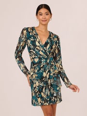 Adrianna Papell Blue Crinkle Foil Wrap Dress - Image 1 of 7