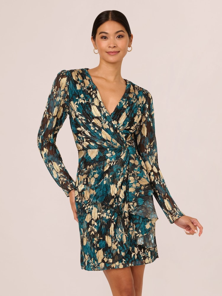 Adrianna Papell Blue Crinkle Foil Wrap Dress - Image 1 of 7