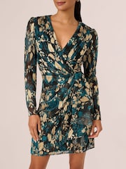 Adrianna Papell Blue Crinkle Foil Wrap Dress - Image 5 of 7