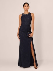 Adrianna Papell Blue Glitter Boucle Stretch Gown - Image 3 of 7