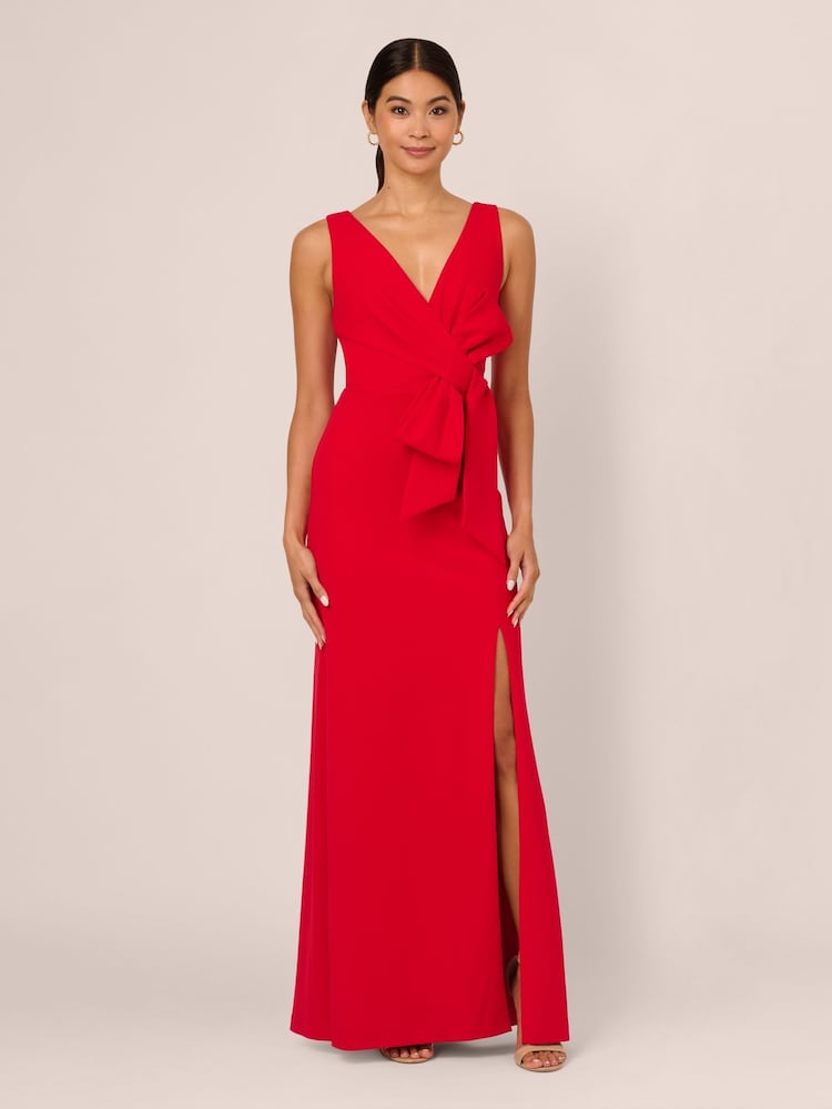 Adrianna Papell Red Bow Front Crepe Gown - Image 1 of 7 Adrianna Papell Red Bow Front Crepe Gown - Image 1 of 7
