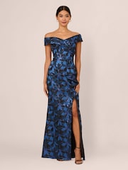 Adrianna Papell Blue Off Shoulder Jacquard Gown - Imagen 1 de 7