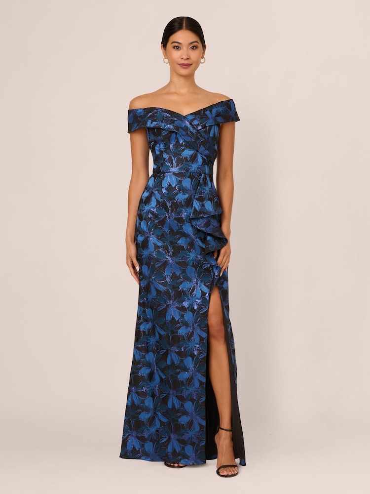 Adrianna Papell Blue Off Shoulder Jacquard Gown - Imagen 1 de 7