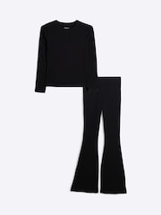 River Island Petite Black 2 Piece Ribbed T-Shirt and Flare Leggings Set - Image 5 of 6