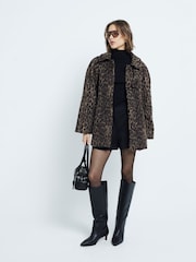 River Island Brown Leopard Print Funnel Neck Coat - Image 1 of 5