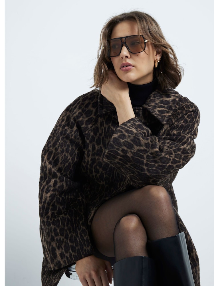 River Island Brown Leopard Print Funnel Neck Coat - Image 2 of 5