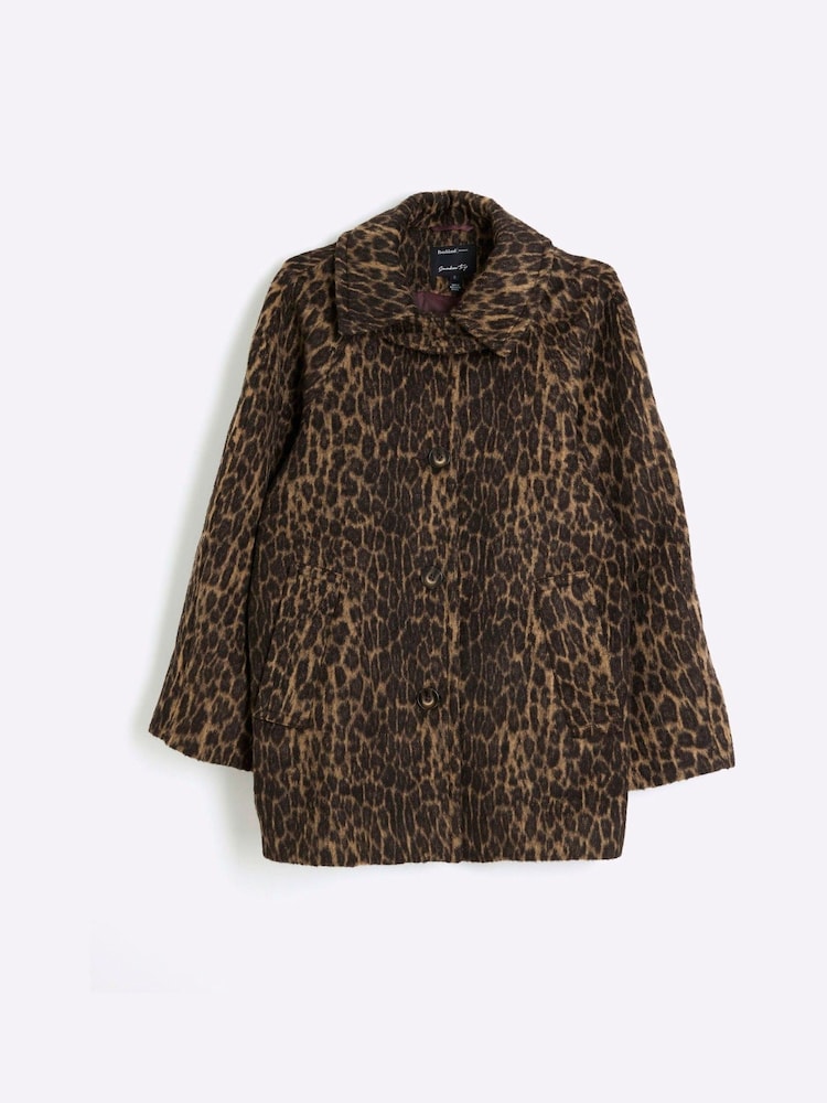 Buy River Island Brown Leopard Print Funnel Neck Coat from the