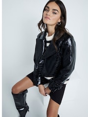 River Island Black Faux Leather Crop Trench Coat - Image 3 of 6