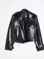 River Island Black Faux Leather Crop Trench Coat - Image 5 of 6