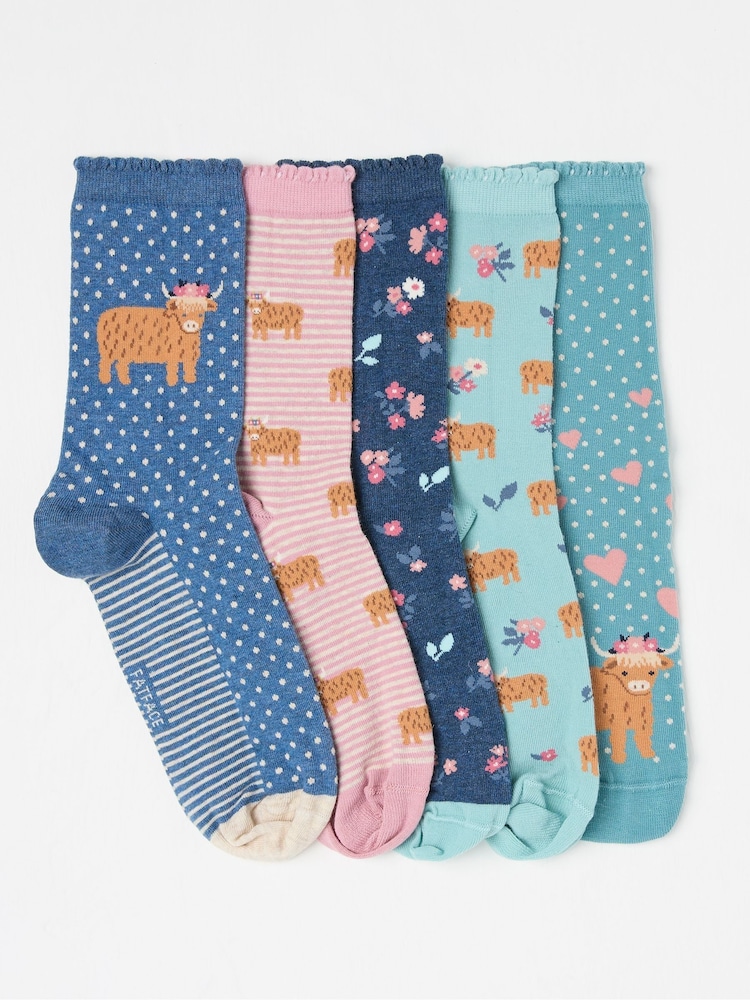 FatFace Multi 5 Pairs of Highland Cow Socks - Image 1 of 2