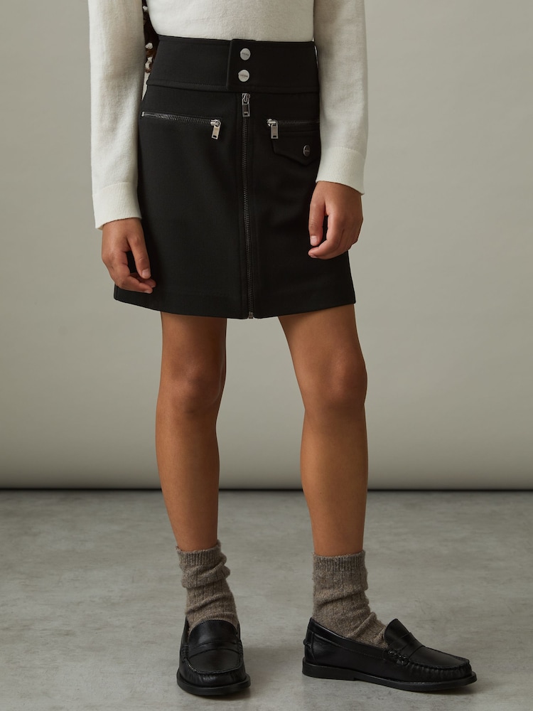 Reiss Black Poppie 9-13 yrs Piqué Zip-Detail Mini Skirt - Image 1 of 4