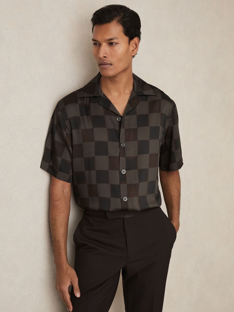 Reiss Brown Reny Chequered-Print Cuban-Collar Shirt - Image 1 of 7
