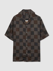 Reiss Brown Reny Chequered-Print Cuban-Collar Shirt - Image 2 of 7
