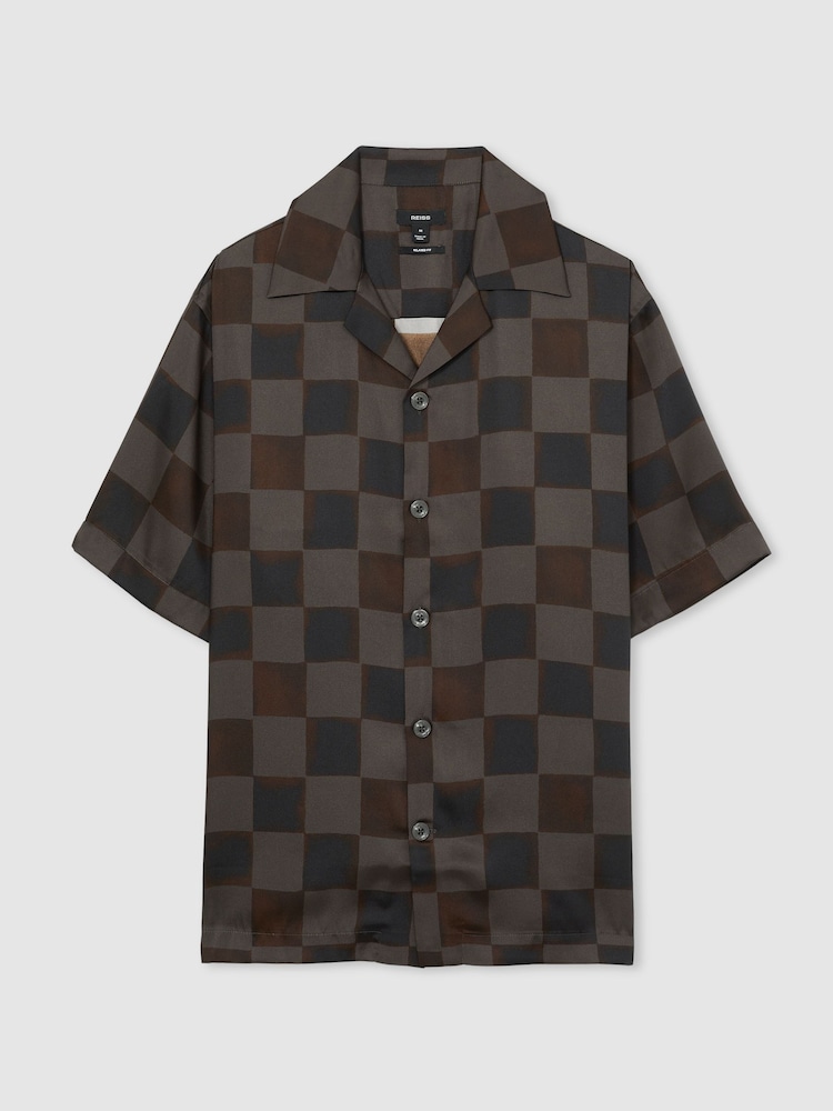 Reiss Brown Reny Chequered-Print Cuban-Collar Shirt - Image 2 of 7