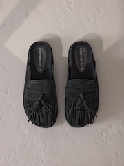 Black Signature Premium Leather Suede Fringe Footbed Mules - Image 1 of 11