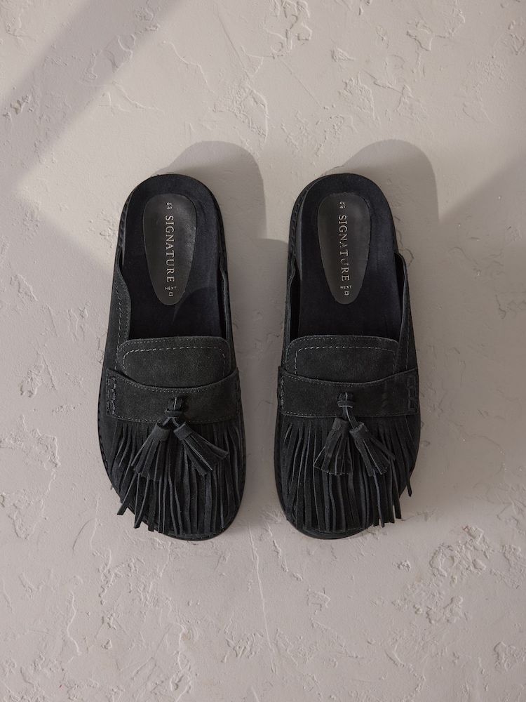 Black Signature Premium Leather Suede Fringe Footbed Mules - Image 1 of 11