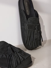 Black Signature Premium Leather Suede Fringe Footbed Mules - Image 11 of 11