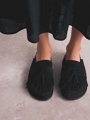 Black Signature Premium Leather Suede Fringe Footbed Mules - Image 2 of 11