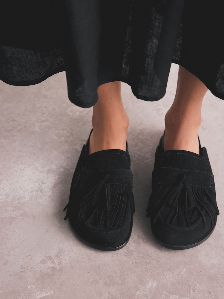 Black Signature Premium Leather Suede Fringe Footbed Mules - Image 2 of 11