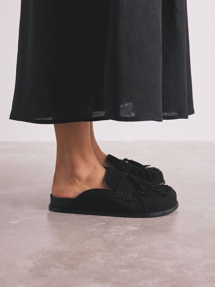 Black Signature Premium Leather Suede Fringe Footbed Mules - Image 2 of 5 Black Signature Premium Leather Suede Fringe Footbed Mules - Image 2 of 5