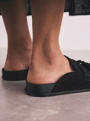 Black Signature Premium Leather Suede Fringe Footbed Mules - Image 4 of 11