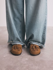 Tan Brown Signature Premium Leather Suede Fringe Footbed Mules - Image 2 of 4